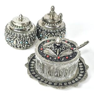 Italian Cruet Set Salt, Pepper & Parmesan Bowl Novelty Spoon Silver Tone Vintage